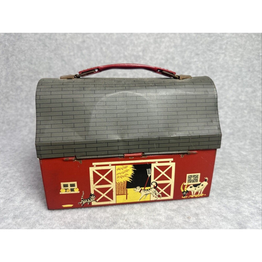 Vintage 1950s American Thermos Brand Red Barn Metal Dome Lunchbox Rustic Patina - Picture 3 of 7